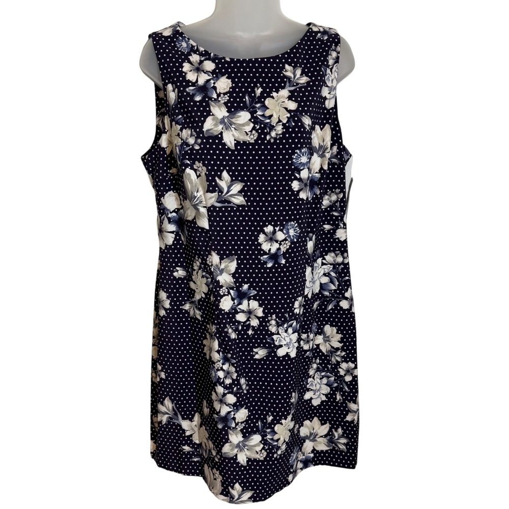 ALYX Navy Blue Floral Polka Dot Dress 16 Sheath Sleeveless Stretch NWT‎ Timeless